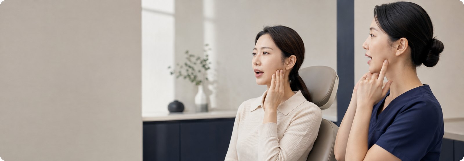 여의사와 환자가 나란히 앉아 각자 턱 부위를 손가락으로 짚어 보는 장면. 장치를 정하기 전에 턱 근육과 관절 증상을 먼저 확인합니다