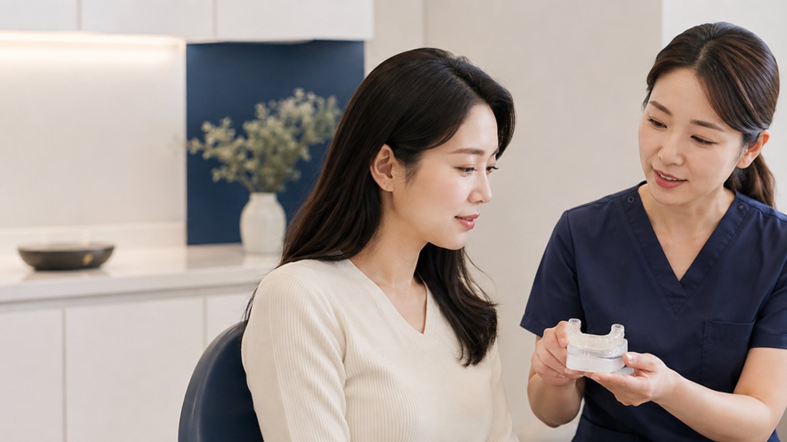 여의사가 투명한 구강 장치 모형을 손에 들고 의자에 앉은 환자에게 설명하는 장면