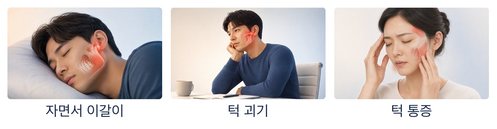 턱관절과 턱 근육에 부담을 주는 흔한 상황 세 가지: 자다가 이를 가는 모습, 턱을 괴는 습관, 턱을 잡고 통증을 느끼는 모습