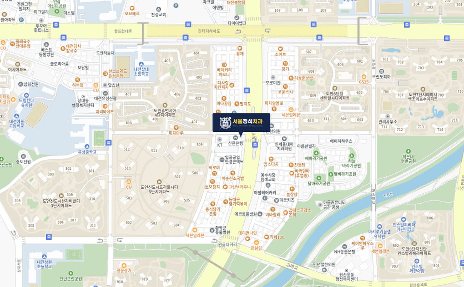 서울정석치과 주변 약도. 도안대로변 신한은행 건물 4층에 있습니다