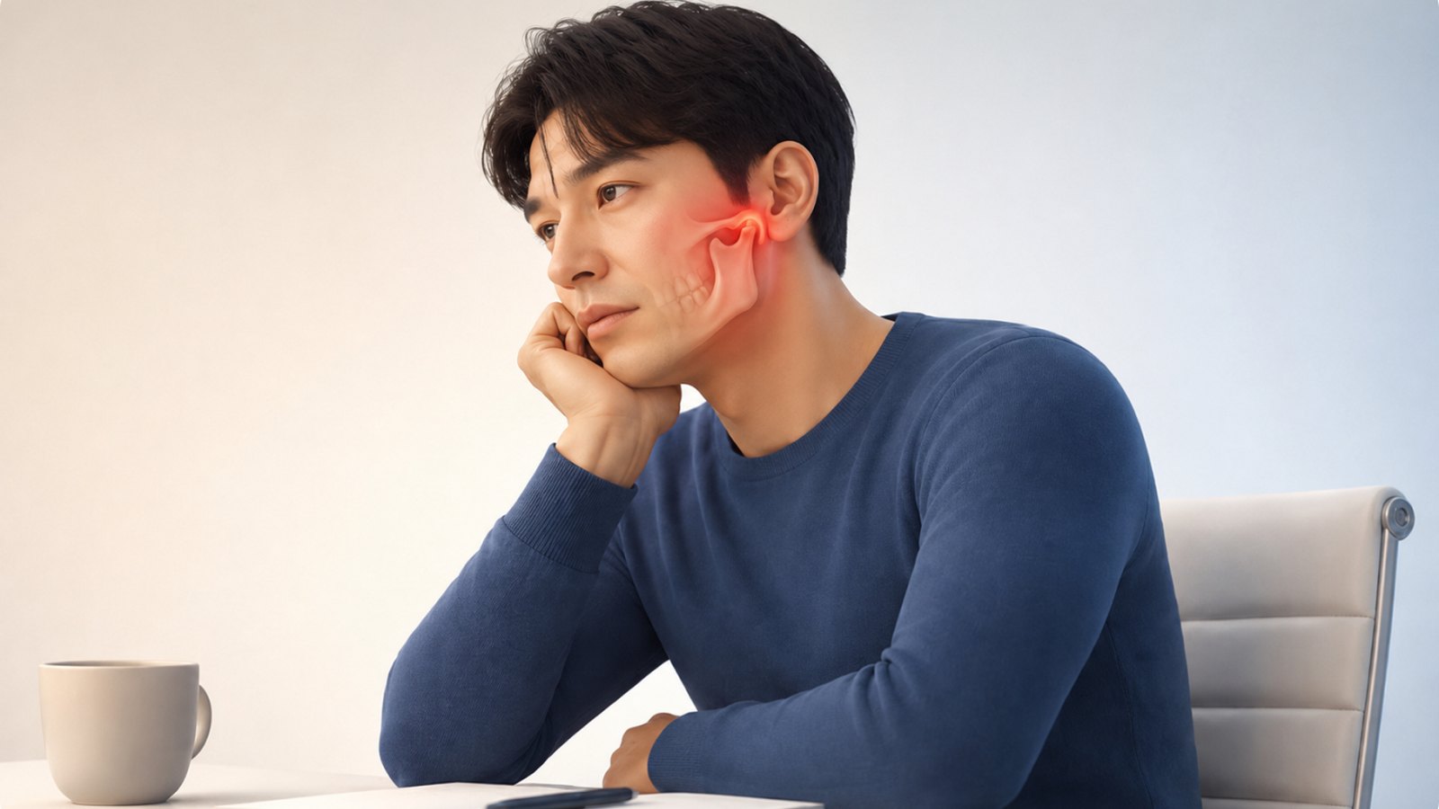 턱을 괴고 앉아 있는 남성