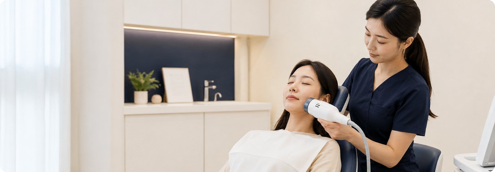 여의사가 환자의 턱 부위에 물리치료 기기를 대고 있는 장면. 턱관절 보존치료의 첫 단계인 물리치료 모습입니다