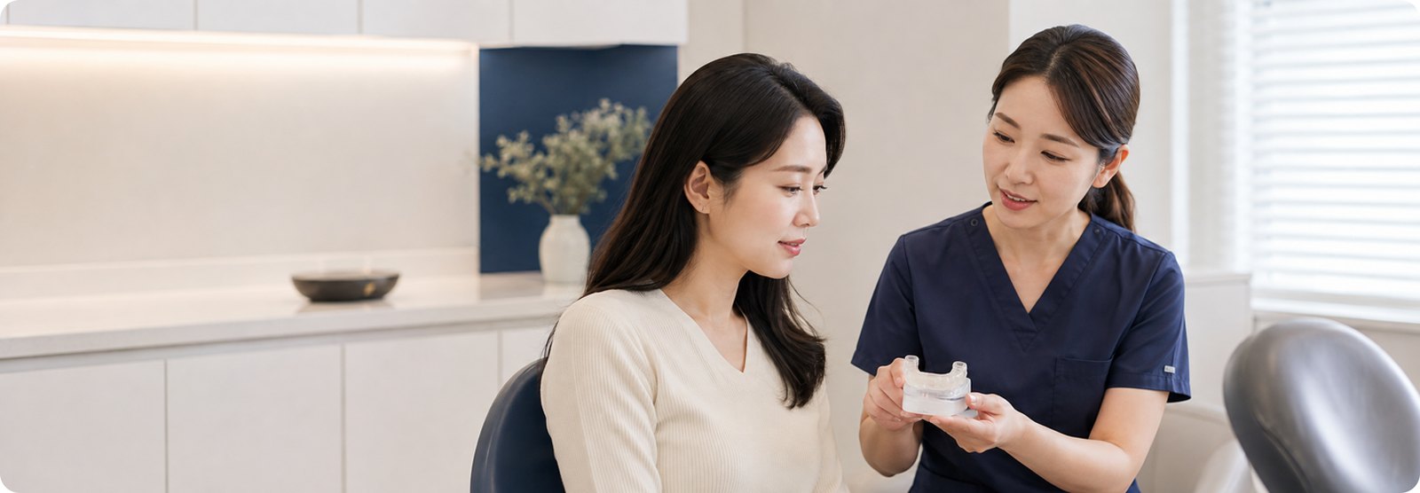 여의사가 투명한 스플린트 모형을 손에 들고 환자에게 장치의 용도를 설명하는 장면