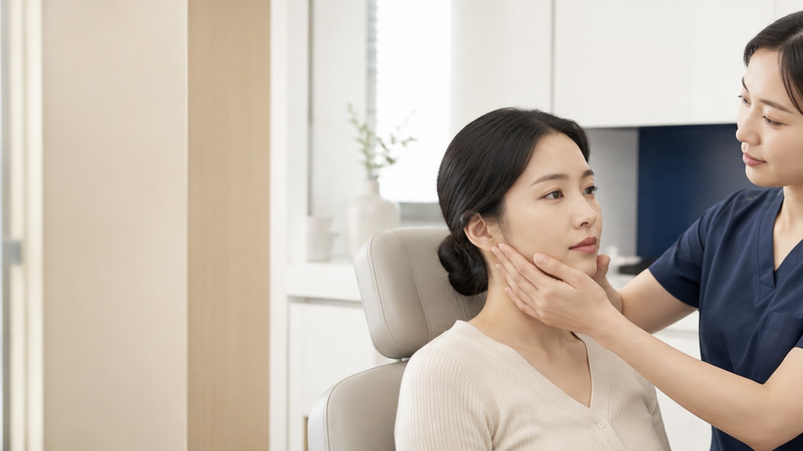 여의사가 양손으로 환자의 턱관절 부위를 눌러 촉진하는 진료 장면